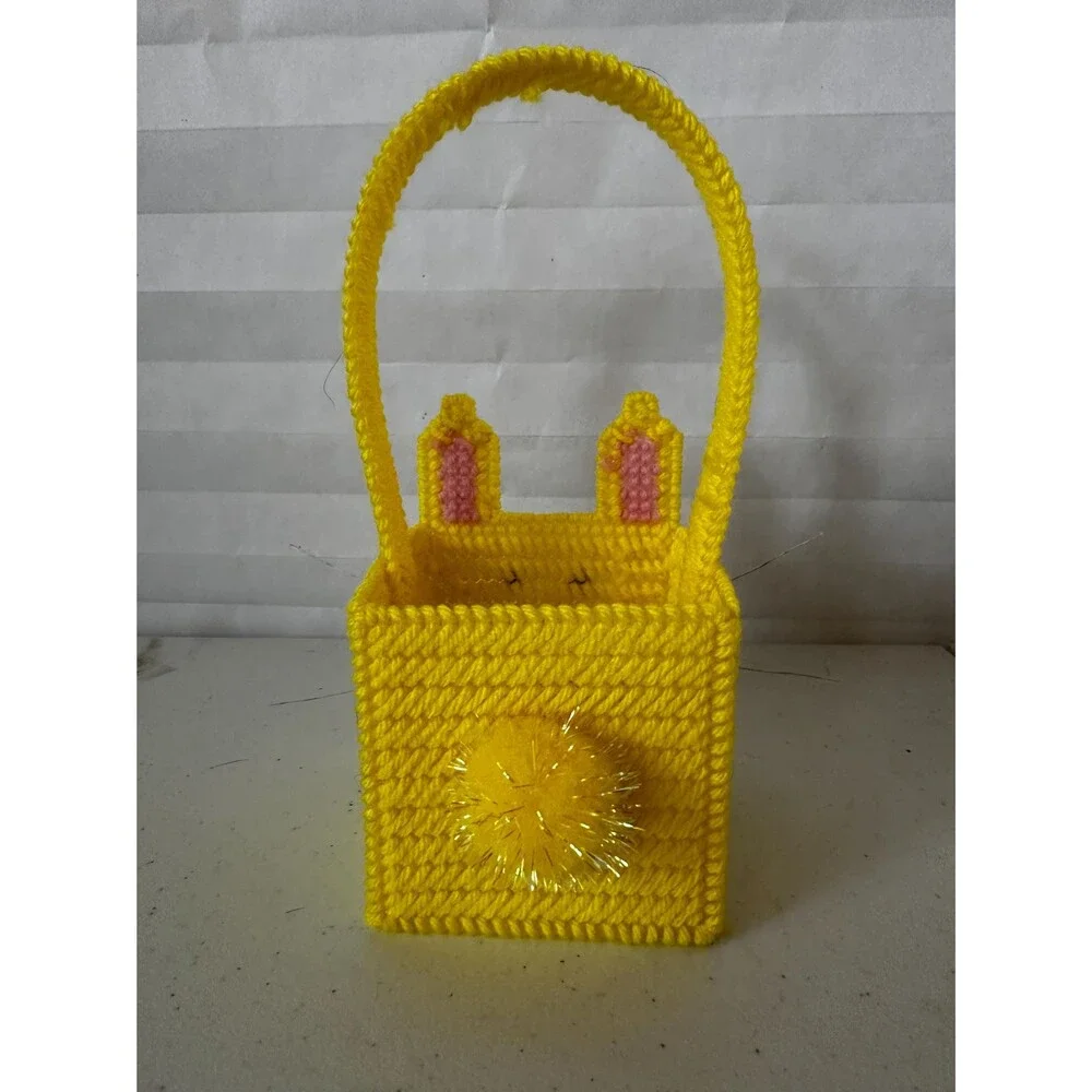 Mini Easter Basket with Yellow Bunny – Colorful Plastic Canvas Handmade Gift